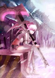  bad_id bad_pixiv_id black_rock_shooter black_rock_shooter_(game) boots crop_top female fs-project long_hair midriff navel purple_eyes scythe shorts sitting solo thighhighs twintails weapon white_hair white_rock_shooter white_shorts 