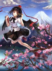  :q black_hair black_wings camera cherry_blossoms commentary_request female flying geta hat looking_at_viewer mountain red_eyes rifsom shameimaru_aya short_hair skirt solo tokin_hat tongue tongue_out touhou wings 