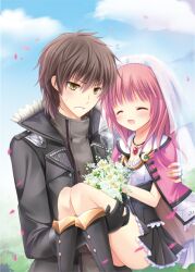  1boy aono_ribbon atelier_(series) atelier_rorona atelier_totori bad_id bad_pixiv_id blush boots bouquet brown_hair capelet carrying closed_eyes coat couple female flower frills gloves jewelry miniskirt necklace petals photoshop_(medium) pink_hair princess_carry rororina_fryxell short_hair skirt sterkenburg_cranach straight veil yellow_eyes 