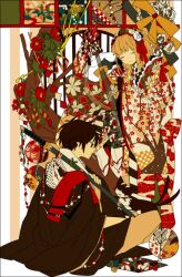  1boy akina422 ao_no_exorcist bad_id bad_pixiv_id beads black_hair blonde_hair feline female flower hairband japanese_clothes kuro_(ao_no_exorcist) moriyama_shiemi okumura_rin pointy_ears prayer_beads rabbit ribbon short_hair sword tail weapon 