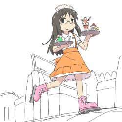  black_eyes black_hair cake cup food glasses ice_cream minakami_mai nichijou open_mouth roller_skates skates tomboo waitress 