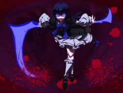  blood blue_eyes blue_hair bow cat_tail commentary_request crazy_eyes dress evil_grin evil_smile female frederica_bernkastel frills glowing glowing_eyes grin holding holding_scythe kneehighs long_hair mary_janes ribbon scythe shoes smile socks solo tail toron_(mino106) umineko_no_naku_koro_ni 