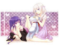  2girls barefoot blue_eyes bra commentary_request cup kneeling kuu_(0427) lingerie lying multiple_girls original purple_eyes purple_hair silver_hair stuffed_animal stuffed_toy twintails underwear 