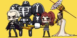  1boy arms_behind_back blonde_hair brown_hair chan_co chibi clenched_teeth commentary_request female glasses himiko_(persona_4) jacket jacket_on_shoulders kujikawa_rise long_hair persona persona_4 school_uniform serafuku short_hair smile standing take-mikazuchi tatsumi_kanji teeth thighhighs twintails 