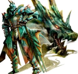  1boy armor bad_id bad_pixiv_id belt full_armor glowing glowing_eyes helmet knight lagiacrus lagiacrus_(armor) monster_hunter_(character) monster_hunter_(series) monster_hunter_3 moyaro open_mouth shadow sharp_teeth simple_background sword teeth weapon 