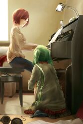  2girls brown_hair capri_pants chabane commentary_request from_behind green_hair hatsune_miku headphones headphones_removed instrument lamp long_hair meiko_(vocaloid) multiple_girls music pants piano piano_bench playing_instrument playing_piano short_hair sitting skirt twintails upright_piano vocaloid 