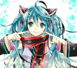  ahoge aqua_eyes aqua_hair bad_id bad_pixiv_id closed_mouth detached_sleeves female hair_between_eyes hatsune_miku head_tilt long_hair pointing scarf skirt smile solo twintails upper_body vocaloid wonoco0916 