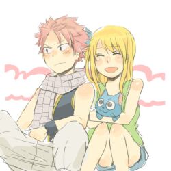  1boy :d blush closed_eyes commentary_request couple erinan fairy_tail feline female happy_(fairy_tail) looking_away lucy_heartfilia natsu_dragneel open_mouth photoshop_(medium) scarf sitting smile straight 