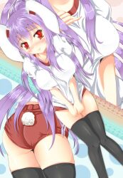  alternate_costume animal_ears ass bad_id bad_pixiv_id black_thighhighs blush breasts buruma embarrassed female gym_uniform large_breasts long_hair mayuzumi_makiha purple_hair rabbit_ears rabbit_girl rabbit_tail red_buruma red_eyes reisen_udongein_inaba shirt_tug solo tail thighhighs touhou 