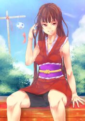  absurdres bike_shorts brown_eyes brown_hair commentary_request female highres japanese_clothes original shirai_yu solo 