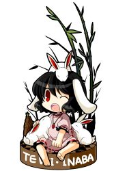  animal animal_ears animal_on_head bamboo barefoot black_hair carrot carrot_necklace chibi commentary_request dress female full_body highres inaba_tewi jewelry necklace ninja_toes on_head one_eye_closed open_mouth pendant pink_dress rabbit rabbit_ears rabbit_on_head red_eyes short_hair sitting socha solo touhou transparent_background 