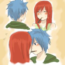  1boy blue_hair blush closed_eyes commentary_request couple erinan erza_scarlet fairy_tail female flying_sweatdrops food imminent_kiss jellal_fernandes long_hair mouth_hold photoshop_(medium) pocky pocky_kiss red_hair shared_food straight sweatdrop 