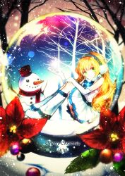  bad_id bad_pixiv_id blonde_hair christmas earmuffs elbow_gloves female gloves glowing green_eyes highres in_container leg_warmers long_hair merry_christmas original sazanami_shione sitting skirt smile snow snow_globe snowflakes snowing solo tree white_gloves 