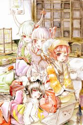  4girls alternate_costume andon_(lighting) animal_ears bird_ears bird_wings black_hair bottle breasts brown_kimono calendar_(object) cleavage commentary_request computer earrings ex-keine fujiwara_no_mokou gintama green_hair head_scarf hidamari_sketch highres horns houraisan_kaguya hummy_(suite_precure) japanese_clothes jewelry justaway kamishirasawa_keine kimono lap_pillow laptop long_hair master_(4th) multiple_girls mystia_lorelei obi okamisty one_eye_closed painting_(medium) precure principal_(hidamari_sketch) rabbit red_eyes sash small_breasts suite_precure touhou traditional_media very_long_hair watercolor_(medium) white_hair wings 