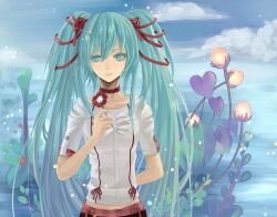  aqua_eyes aqua_hair arm_behind_back bad_id bad_pixiv_id choker cloud colored_eyelashes day eyelashes female flower fre_(haochilanzuo) hatsune_miku highres long_hair photoshop_(medium) solo twintails very_long_hair vocaloid 