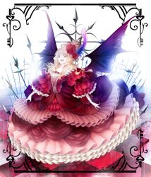  bat_wings big_hair blonde_hair blood character_request checkered_floor colored_eyelashes commentary_request dress fangs feather_hair_ornament feathers female flower framed frilled_sleeves frills gathers gown hair_flower hair_ornament hair_up laughing long_hair pixiv_alice_in_under_world puffy_sleeves red_flower red_rose rinko_(mg54) rose scar short_sleeves solo thorns too_many too_many_frills vampire wings 