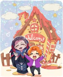  2boys :3 chibi closed_eyes commentary_request english_text engrish_text fate/zero fate_(series) full_body gilles_de_rais_(caster)_(fate) gingerbread_house jewelry knife male_focus multiple_boys open_mouth orange_hair ranguage ring smile taiki_miyu uryuu_ryuunosuke waving 