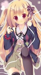  argyle black_thighhighs blonde_hair bow cardigan commentary_request female hair_ornament hairbow hairclip leg_up long_hair original photoshop_(medium) red_eyes ribbon sakura_hanpen scrunchie skirt smile solo thighhighs two_side_up undressing 