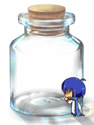  1boy bad_id bad_pixiv_id blue_hair blue_scarf bottle chibi cork food glass ice_cream kaito_(vocaloid) male_focus meme nekohito_d pixiv_bottle_(meme) scarf shadow solo vocaloid 