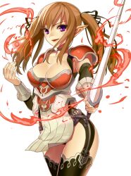  armor breasts brown_hair cleavage commentary_request detached_sleeves dragon_maker female gaou_(umaiyo_puyoman) garter_straps hair_ribbon magic medium_breasts no_pants pauldrons photoshop_(medium) pointy_ears purple_eyes ribbon shoulder_armor solo standing sword thighhighs twintails weapon 