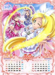  2012 3girls animal animal_on_head blonde_hair blue_eyes blue_skirt bow brooch calendar_(medium) cat_on_head choker cure_beat cure_melody cure_rhythm december dress eyelashes feline frills green_eyes group_picture hand_on_own_hip houjou_hibiki hummy_(suite_precure) jewelry kurokawa_eren long_hair magical_girl midriff minamino_kanade multiple_girls november official_art on_head one_eye_closed outstretched_hand own_hands_clasped own_hands_together pink_bow pink_choker pink_hair pink_wrist_cuffs precure purple_hair scan seiren_(suite_precure) skirt smile suite_precure takahashi_akira white_choker wrist_cuffs yellow_eyes 