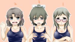  3girls anger_vein blue_eyes blush breasts brown_hair commentary_request corpse_party glasses kirisaki_touko medium_breasts multiple_girls one-piece_swimsuit ponytail psehkaonttaa school_swimsuit simple_background swimsuit tears urabe_emi yamamoto_mitsuki 