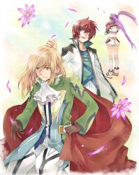  2boys asbel_lhant ascot bad_id bad_pixiv_id blonde_hair brown_hair cape cropped_jacket female gloves heterochromia multiple_boys official_alternate_costume purple_hair richard_(king_of_windor)_(tales) richard_(tales) sophie_(tales) sophie_(toast_of_the_town)_(tales) tales_of_(series) tales_of_graces touge78 twintails 