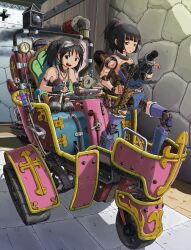  2girls :o ammunition_belt android arm_garter bad_id bad_pixiv_id bare_shoulders black_eyes black_hair black_legwear choker christian_girl commentary_request corset cross fingerless_gloves gatling_gun gloves goggles goggles_on_head grin ground_vehicle gun highres joints mechanical_parts multiple_girls open_mouth original photoshop_(medium) ponytail robot_joints sidelocks smile steampunk sukabu thighhighs tricycle twintails weapon winding_key 