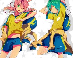  2boys akishima_kei arms_up bad_id bad_pixiv_id bag green_eyes green_hair inazuma_eleven_(series) inazuma_eleven_go jacket kariya_masaki kirino_ranmaru long_hair multiple_boys one_eye_closed pink_hair short_hair soccer_uniform sportswear twintails yellow_eyes 