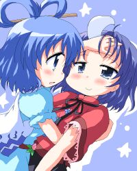  2girls blue_eyes blue_hair blush commentary_request dress flower geetsu hair_ornament hair_rings hair_stick hat jaggy_lines kaku_seiga miyako_yoshika multiple_girls oekaki ofuda open_mouth smile star_(symbol) touhou upper_body yuri 