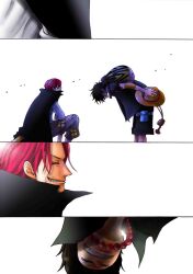  2boys beard black_hair cape closed_eyes commentary_request facial_hair gimp_(medium) hat jewelry kara_(acluf-0156) multiple_boys necklace one_piece portgas_d._ace red_hair scar shanks_(one_piece) short_hair smile 