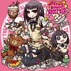  :p black_eyes black_hair bracelet character_doll commentary_request daisy_(working!!) decora earrings english_text engrish_text female fork highres jewelry knife parfait photoshop_(medium) plate profanity project.c.k. ranguage sitting skirt solo stuffed_animal stuffed_toy tattoo teddy_bear thighhighs tongue tongue_out tray uniform working!! yamada_aoi zettai_ryouiki 