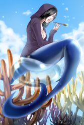  black_hair breasts brown_eyes bubble cleavage commentary_request female full_body highres hood kiseru madame_shyarly medium_breasts mermaid monster_girl one_piece shark_girl smoking_pipe solo wasabi_(legemd) 