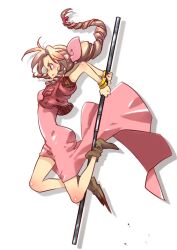  aerith_gainsborough arms_up bare_legs blush bo_staff bow bracelet brown_hair commentary_request cropped_jacket curly_hair dress female final_fantasy final_fantasy_vii full_body green_eyes hair_ribbon jewelry jumping long_dress long_hair pink_bow pink_dress ponytail ribbon shoes solo staff torimeiro white_background 