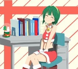  bad_id bad_pixiv_id bare_shoulders bell belt blush boots christmas closed_eyes crop_top female gloves green_hair hairband idolmaster idolmaster_(classic) midriff mole mole_under_mouth otonashi_kotori santa_costume shinose_(sinose) short_hair sitting skirt smile snow_globe solo tank_top 