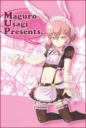  1boy animal_ears apron bad_id bad_pixiv_id english_text full_body garter_belt hair_ornament hairclip maid maid_headdress male_focus midriff original otoko_no_ko photoshop_(medium) pink_eyes pink_hair rabbit_ears ribbon skirt smile solo speech_bubble suparu_(detteiu) suspenders thighhighs 