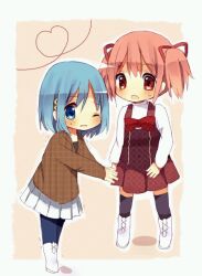  bad_id bad_pixiv_id banned_artist blue_eyes blue_hair casual chibi hair_ribbon itou_mikan kaname_madoka mahou_shoujo_madoka_magica miki_sayaka multiple_girls pantyhose pink_eyes pink_hair ribbon short_twintails skates thighhighs twintails 