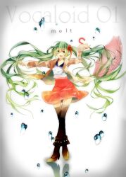  bad_id bad_pixiv_id crossed_legs female green_eyes green_hair hanagata hatsune_miku high_heels highres jacket long_hair melt_(vocaloid) open_mouth outstretched_arms shoes sitting skirt solo thighhighs twintails umbrella very_long_hair vocaloid 