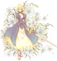  ahoge artoria_pendragon_(fate) blonde_hair commentary_request dress excalibur_(fate/stay_night) fate/stay_night fate/zero fate_(series) female flower green_eyes hair_ribbon ribbon saber_(fate) shivue solo sword weapon 