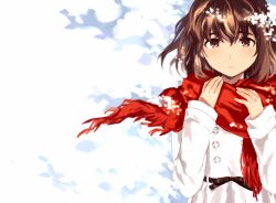  black_bow bow brown_eyes brown_hair coat commentary_request expressionless female frilled_scarf lips long_sleeves looking_at_viewer original red_scarf scarf short_hair solo tan_(tangent) upper_body white_coat 