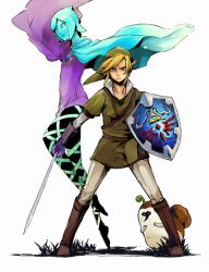  1boy blonde_hair blue_eyes blue_hair blue_skin cape colored_skin commentary_request female fi_(zelda) gloves hat hylian_shield kikwi link machi_(zelda) master_sword pantyhose photoshop_(medium) pointy_ears shield swan_(doesu) sword the_legend_of_zelda the_legend_of_zelda:_skyward_sword weapon 