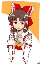  bad_id bad_pixiv_id bow brown_eyes brown_hair cup detached_sleeves female hair_tubes hairbow hakurei_reimu ikuya_koimori looking_down open_mouth red_bow solo tea thinking touhou upper_body 