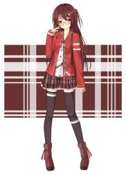  brown_hair commentary_request female glasses highres long_hair niboss original photoshop_(medium) plaid plaid_skirt skirt solo thighhighs zettai_ryouiki 