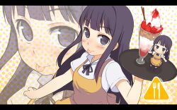  :p apron blush chibi commentary_request female food halftone halftone_background letterboxed mini_person minigirl oza_watto parfait purple_eyes purple_hair ribbon smile solo tongue tongue_out tray waitress working!! yamada_aoi zoom_layer 