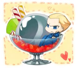  1boy anger_vein baruson_(konaru) blonde_hair blue_eyes candy candy_cane chibi commentary_request dotted_line fate/zero fate_(series) food gelatin ice_cream kayneth_el-melloi_archibald male_focus photoshop_(medium) solo volumen_hydragyrum_(fate) 