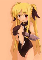  bad_id bad_pixiv_id blonde_hair blush center_opening fate_testarossa female gloves kouno_hikaru leotard long_hair lyrical_nanoha mahou_shoujo_lyrical_nanoha mahou_shoujo_lyrical_nanoha_a&#039;s mahou_shoujo_lyrical_nanoha_the_movie_2nd_a&#039;s open_clothes red_eyes solo twintails undressing 