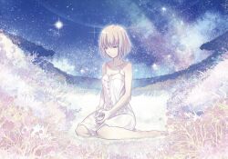  barefoot blonde_hair dress female flower red_eyes seashell shell short_hair sitting solo star_(symbol) storyteller_girl_(tsuki_no_sango) takeuchi_takashi tsuki_no_sango wariza 