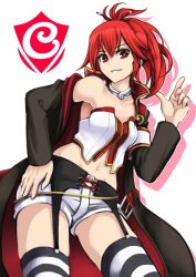  commentary_request cul deni_m female long_hair navel ponytail red_eyes red_hair shorts smile solo striped_clothes striped_thighhighs thighhighs vocaloid 