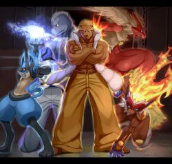  biri_(artist) blaziken dark_skin elite_four infernape lucario machamp male male_focus pokemon pokemon_(game) pokemon_black_and_white pokemon_bw renbu_(pokemon) sawk 