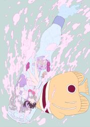  bad_id bad_pixiv_id bare_legs black_hair bottle dissolving female fish flat_color flower in_bottle in_container mini_person minigirl original ramune school_uniform serafuku shoes short_hair single_shoe skirt solo submerged underwater upside-down yamano_(sokonashi) 